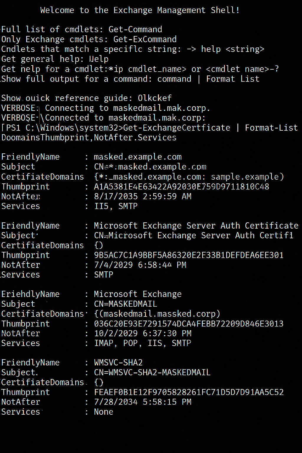 Output of the Get-ExchangeCertificate command