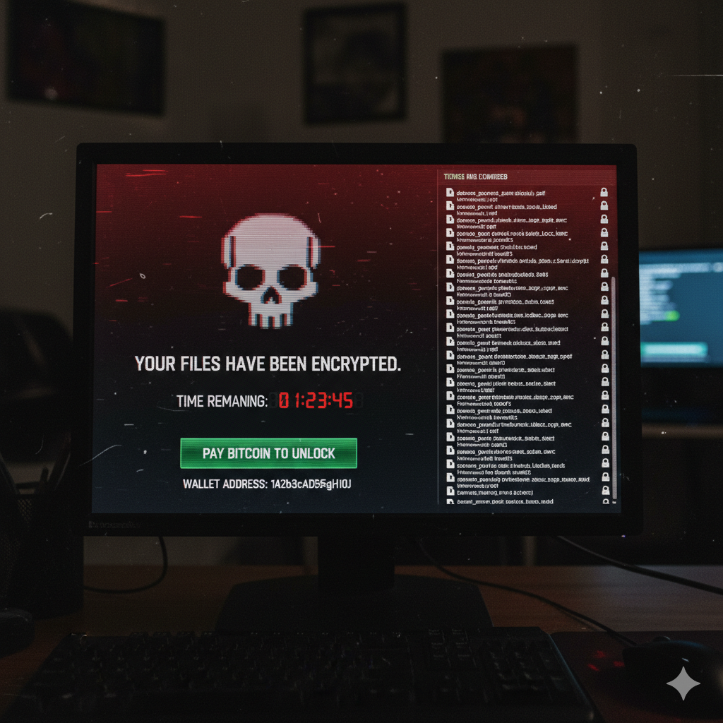 Ransomware attack screen showing encrypted files