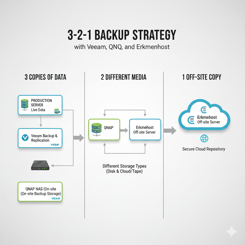 Diagram showing the 3-2-1 backup strategy with Veeam, QNAP, and Erkmenhost off-site server