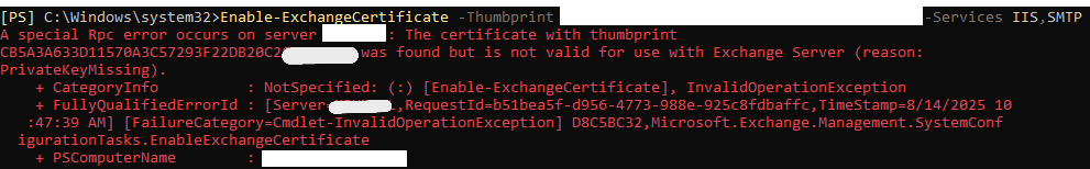 The PrivateKeyMissing error in Exchange Management Shell